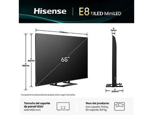 TV Mini LED 65 - Hisense 65E8Q, UHD 4K, 144 Hz, Hi-View Engine, Escalador HDR IA, Subwoofer integrado, Negro